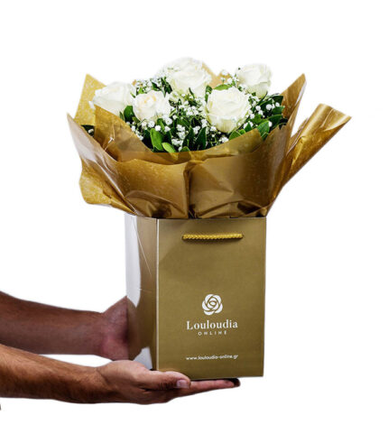 Classic Flower Bouquet with 6 White Roses Essential