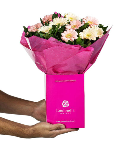 Flower Bouquet with 10 Pink-White Gerberas Premium
