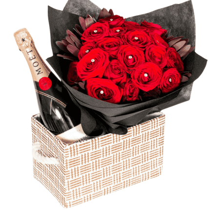 Basket with 20 Red Roses and Moet Champagne