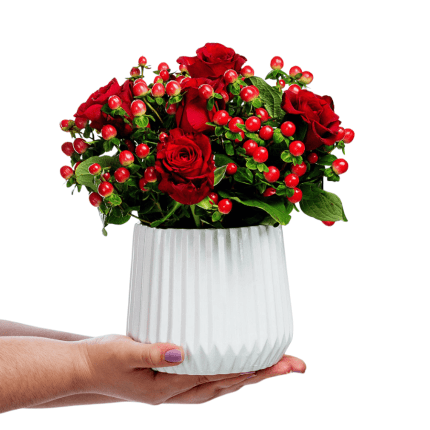 Flower Arrangement with Red Roses and Hypericum in Clay Maspeaux