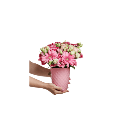 Floral Arrangement with Pink Gerberas and Lysianthus on Pink Ceramic Chapeau