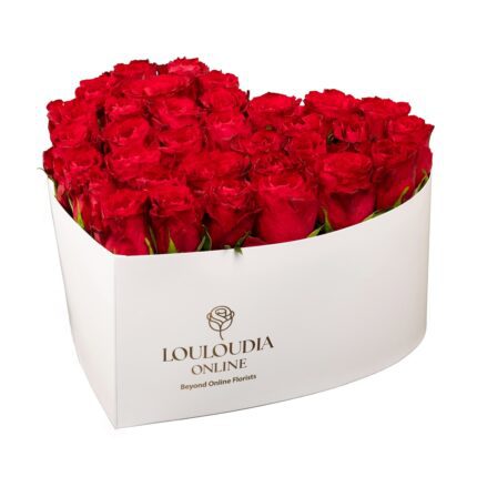 Λευκό Κουτί με 35 Κόκκινα Τριαντάφυλλα σε Σχήμα Καρδιάς Deluxe