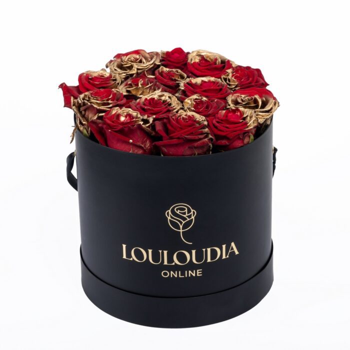 Κουτί με 15 Κόκκινα-Χρυσά Τριαντάφυλλα