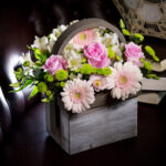 Pink-White Flower Arrangement with Pink Gerberas and Roses on Wooden Basket Arrangement in Basket
