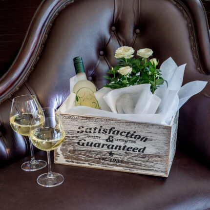 White Rose in a Basket with White Wine