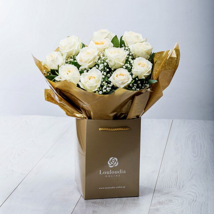 Classic Flower Bouquet with 12 White Roses Deluxe