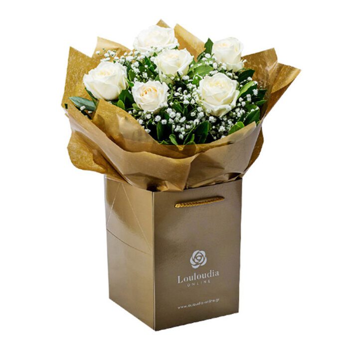 Classic Flower Bouquet with 6 White Roses Essential