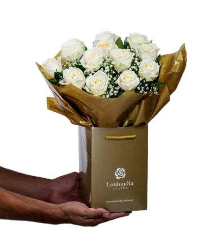Classic Flower Bouquet with 12 White Roses Deluxe