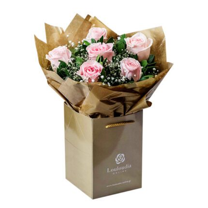 Classic Flower Bouquet with 6 Pink Roses Essential