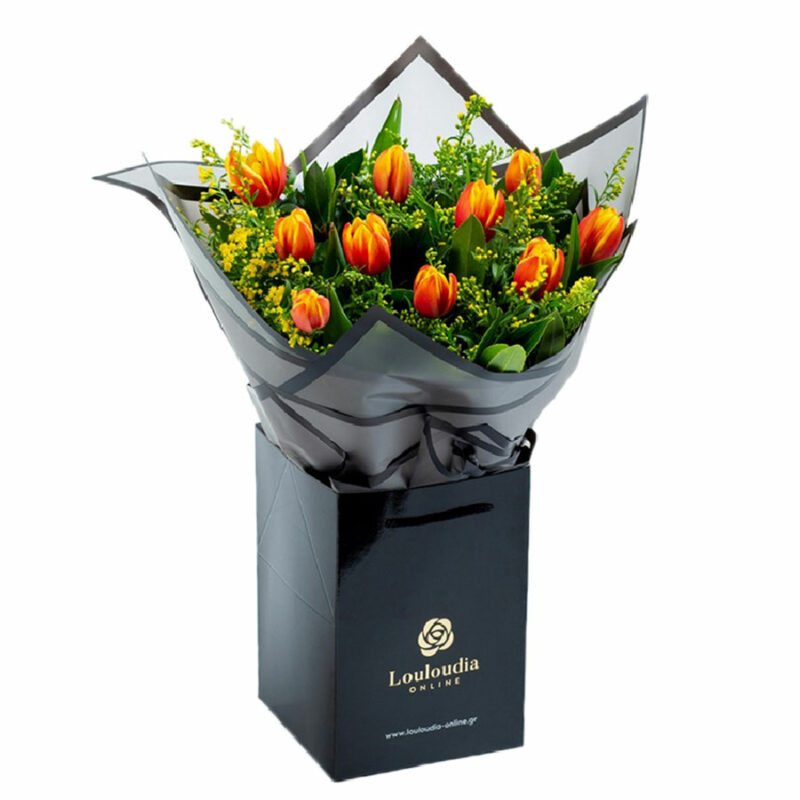 Bouquet with 10 Orange Tulips in Coconut wrapping