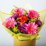 Bouquet of Pink Gerberas and Chrysanthemums in a Coconut Wrap