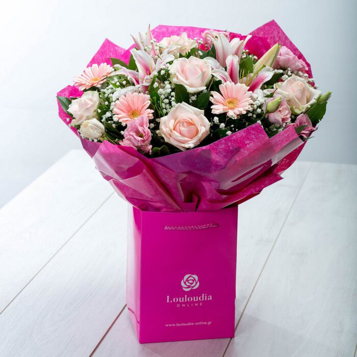 Flower Bouquet Pandora with Pink Roses and Gerberas Deluxe