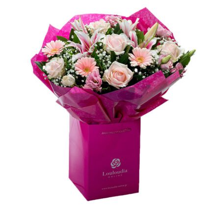 Flower Bouquet Pandora with Pink Roses and Gerberas Deluxe