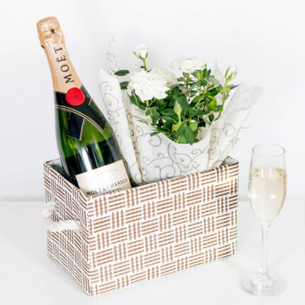 White Rose in a Basket with Moet Champagne