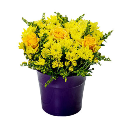 Floral Arrangement with Yellow Chrysanthemums and Roses in Clay Maspeaux
