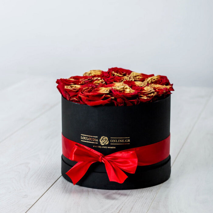 Κουτί με 20 Κόκκινα-Χρυσά Τριαντάφυλλα