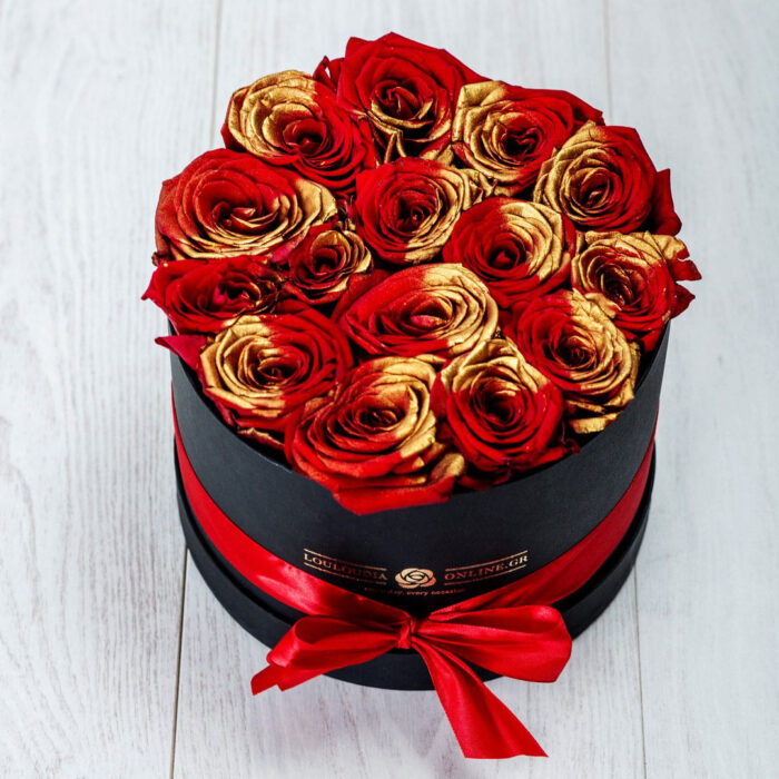 Κουτί με 20 Κόκκινα-Χρυσά Τριαντάφυλλα
