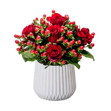 Flower Arrangement with Red Roses and Hypericum in Clay Maspeaux