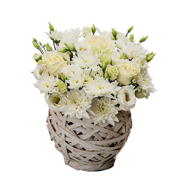 Flower Arrangement with White Roses and Lysianthus in a Basket