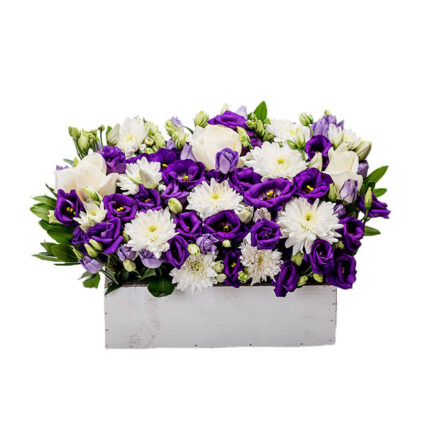 Flower Arrangement with Purple Lysianthus and Rose Blossoms in Wooden Box