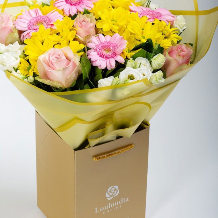 Bouquet of Pink Roses and Chrysanthemums in Coconut Deluxe wrapping