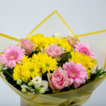 Bouquet of Pink Roses and Chrysanthemums in Coconut Premium wrapping