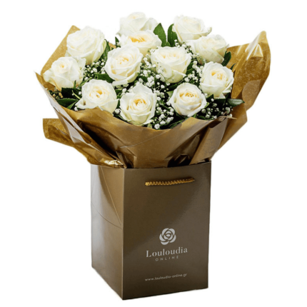 Classic Flower Bouquet with 12 White Roses Deluxe