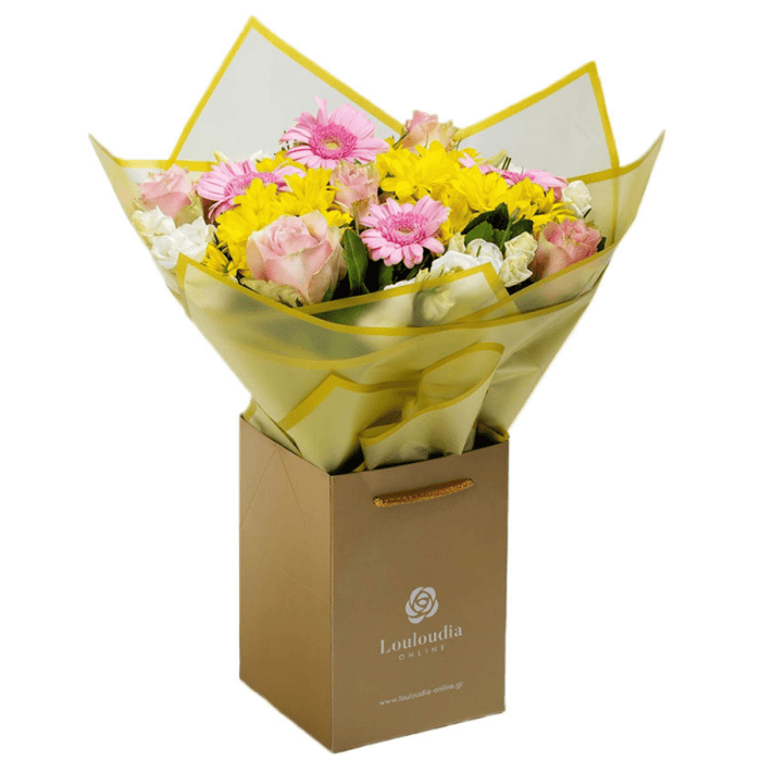 Bouquet of Pink Roses and Chrysanthemums in Coconut Deluxe wrapping