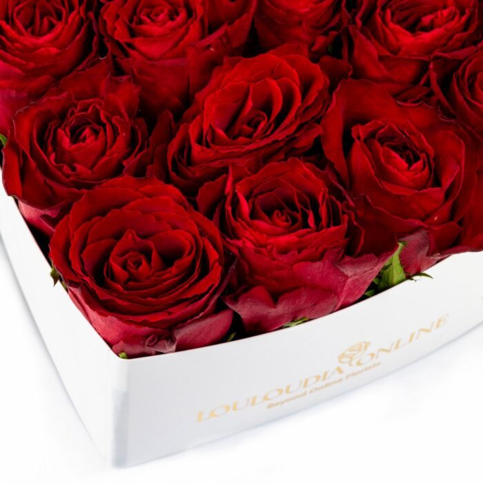 Λευκό Κουτί με 20 Κόκκινα Τριαντάφυλλα σε Σχήμα Καρδιάς Premium