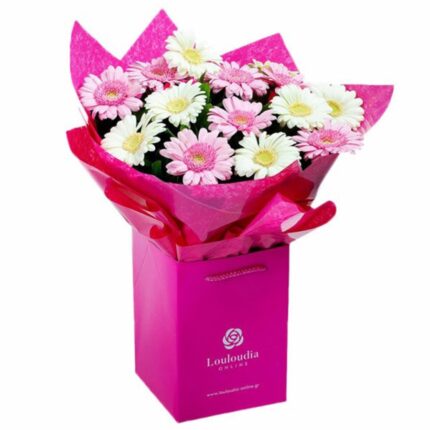 Flower Bouquet with 14 Pink-White Gerberas Deluxe