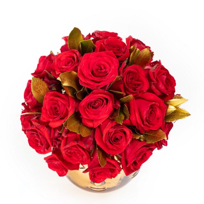 Floral Arrangement with Red Roses in Gold Glass Caper
