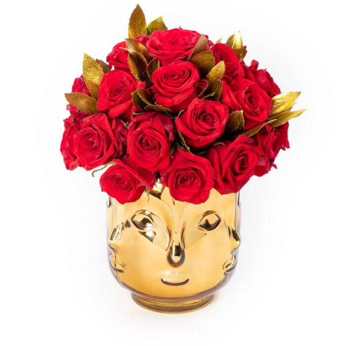 Ανθοσύνθεση με Κόκκινα Τριαντάφυλλα σε Χρυσό Γυάλινο Κασπώ