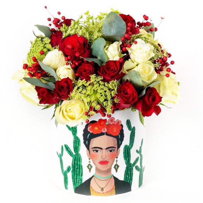 Flower Arrangement with Red-White Roses in Ceramic Maspeaux