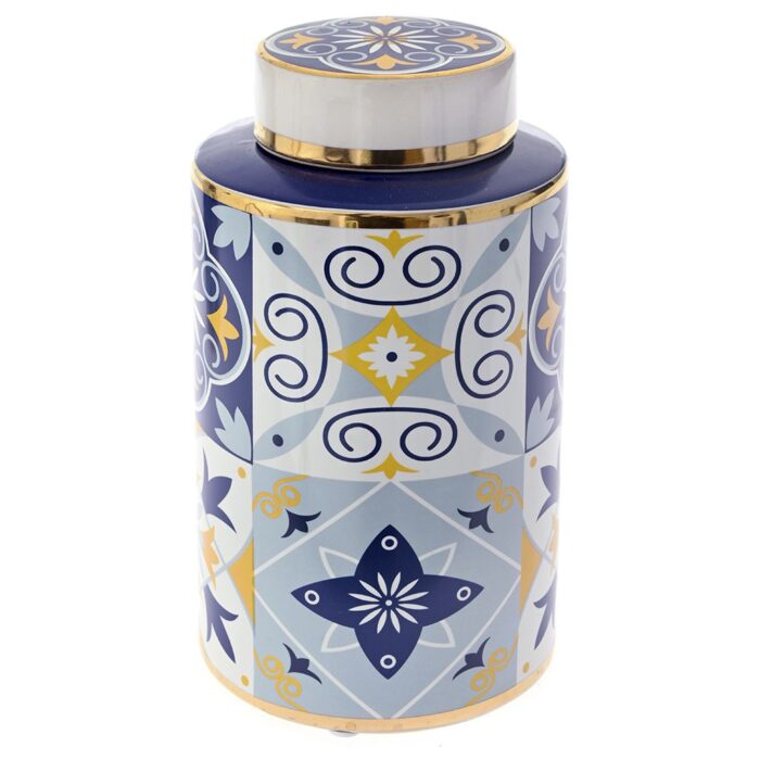 Decorative Clay Vase with Blue & Gold Designs