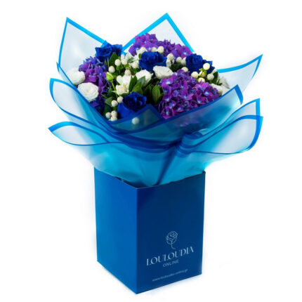 Bouquet with Blue Roses and Hydrangeas in Coconut wrapping