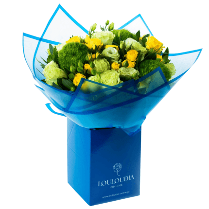 Bouquet with Yellow Roses and Lysander in Coconut wrapping