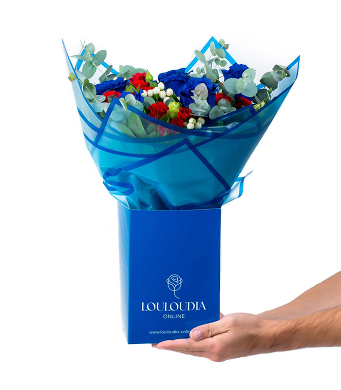Bouquet with Blue Roses and Eucalyptus in Coconut wrapping