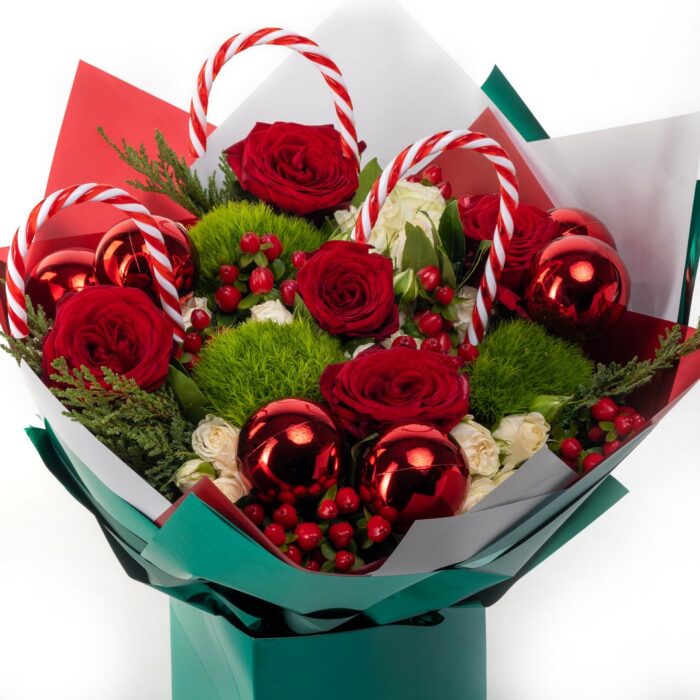 Χριστουγεννιάτικη Ανθοδέσμη με Τριαντάφυλλα σε Κόκκινο