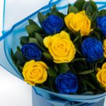 Bouquet with Blue-Yellow Roses in Coconut wrapping
