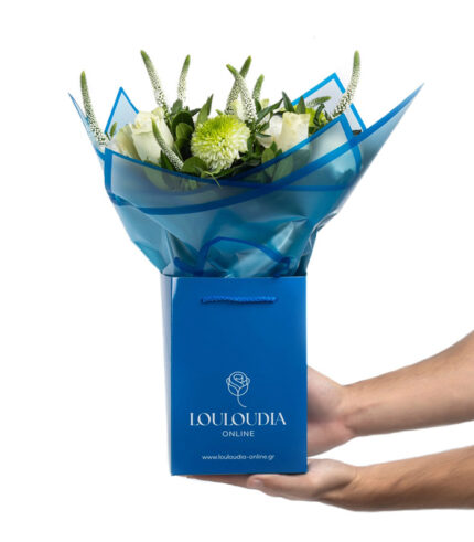 Bouquet with Roses and Chrysanthemums in Blue Coconut Wrap