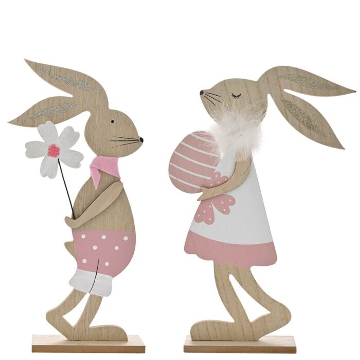 Easter Bunnies Wooden Rabbits Pink/White Premium