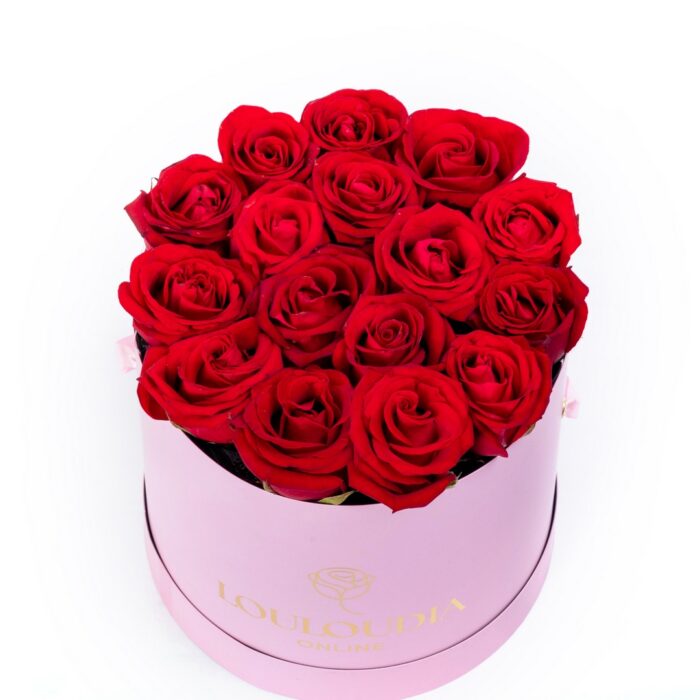 Ροζ Κουτί με 15 Κόκκινα Τριαντάφυλλα