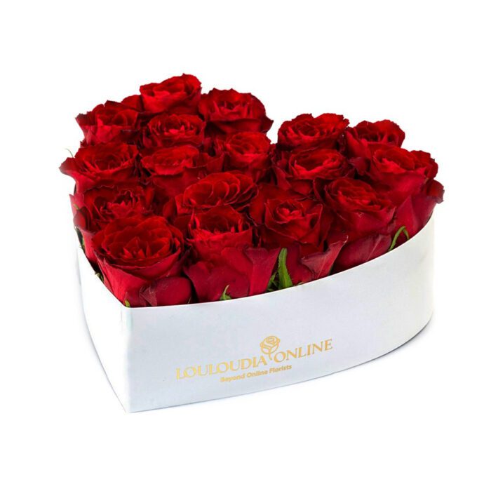Λευκό Κουτί με 20 Κόκκινα Τριαντάφυλλα σε Σχήμα Καρδιάς Premium